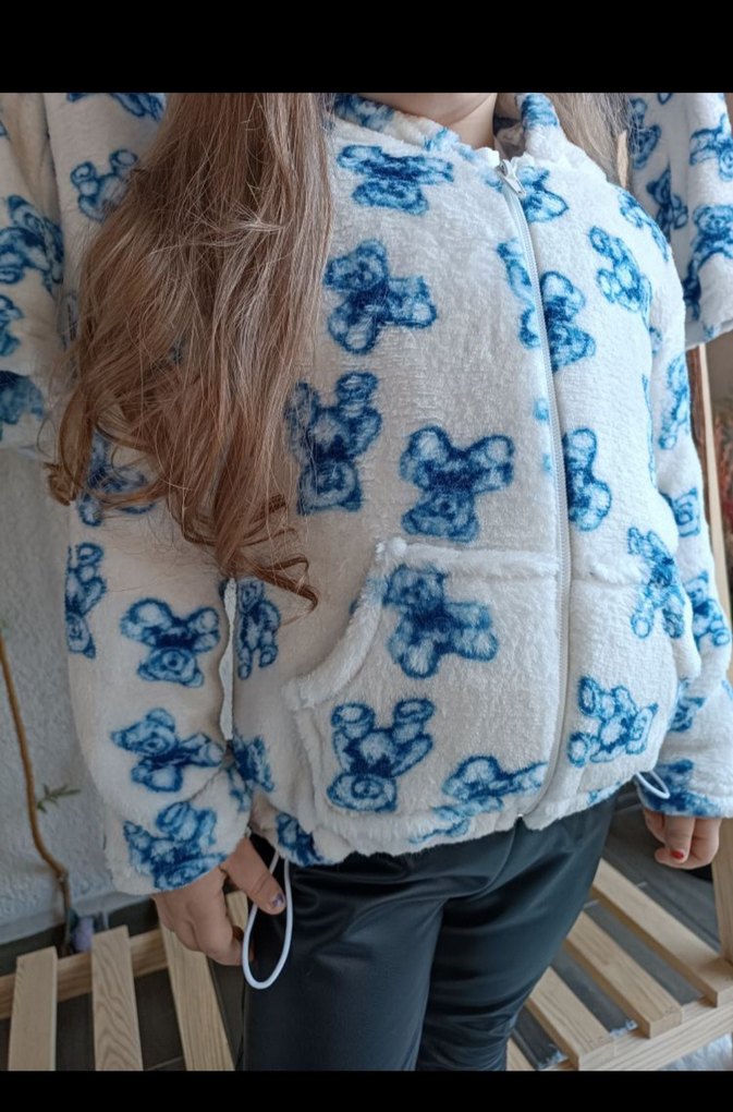 Mavi Ayıcık Desenli Kapüşonlu Çocuk Montu - Görsel 4