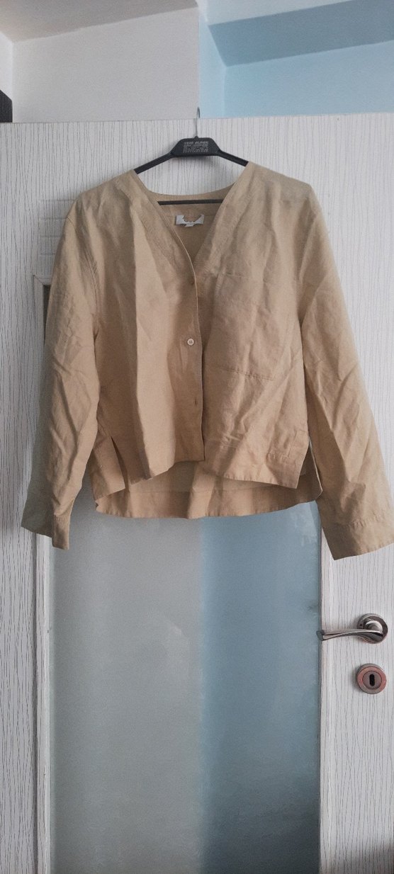 Çağla yeşili V Yaka Keten Kadın Bluz - Görsel 3