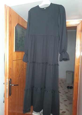 siyah Uzun Kollu Fırfırlı Salaş Elbise
