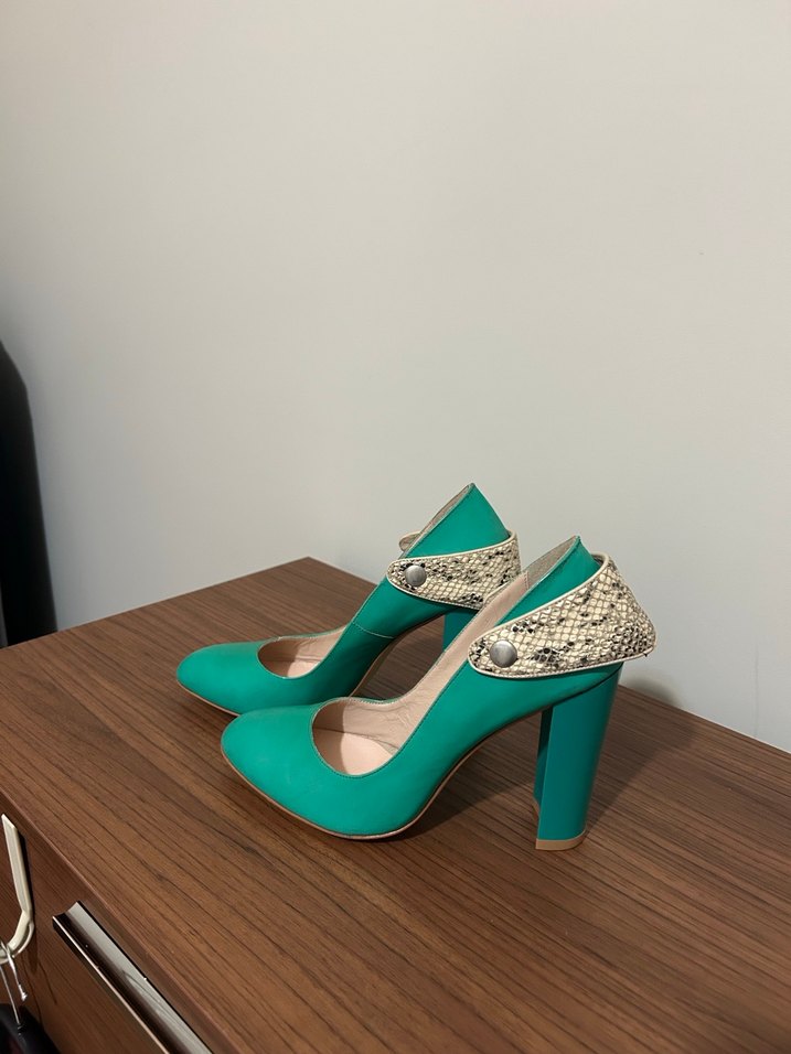 Turkuaz Yılan Desenli Topuklu Kadın Ayakkabı - Görsel 4