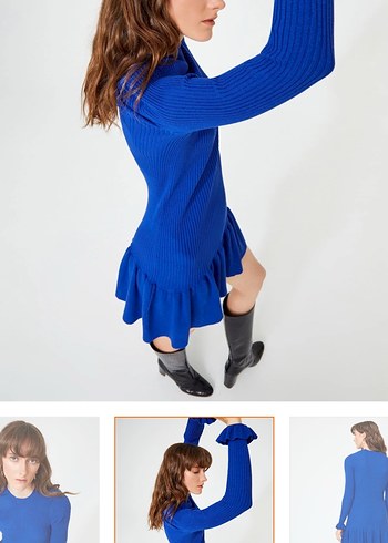 Mavi Fırfırlı Triko Mini Elbise - Görsel 4