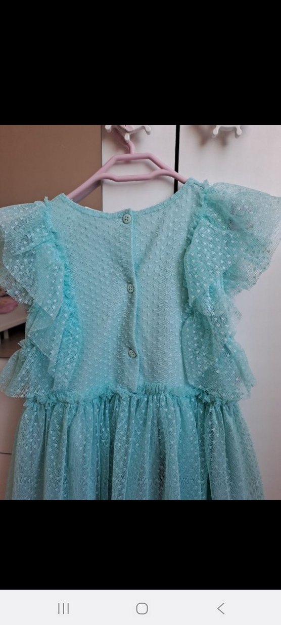 Turkuaz Puantiyeli Fırfırlı Kız Elbisesi - Görsel 3