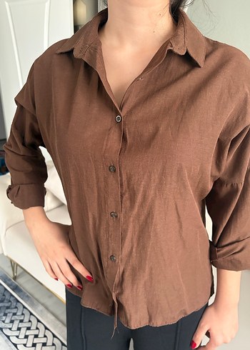 Düğmeli Kahverengi Keten Kadın Gömlek - Görsel 3