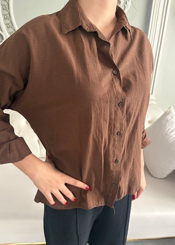Düğmeli Kahverengi Keten Kadın Gömlek - Görsel 2