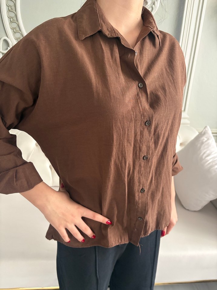 Düğmeli Kahverengi Keten Kadın Gömlek - Görsel 2