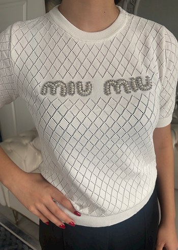 Miu Miu Beyaz Örgü Kadın Tişört - Görsel 2