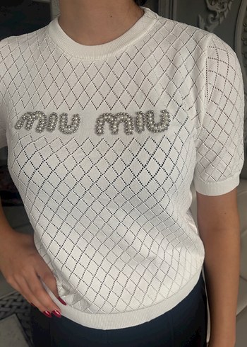 Miu Miu Beyaz Örgü Kadın Tişört - Görsel 3