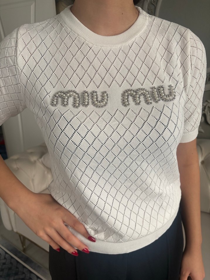 Miu Miu Beyaz Örgü Kadın Tişört - Görsel 2