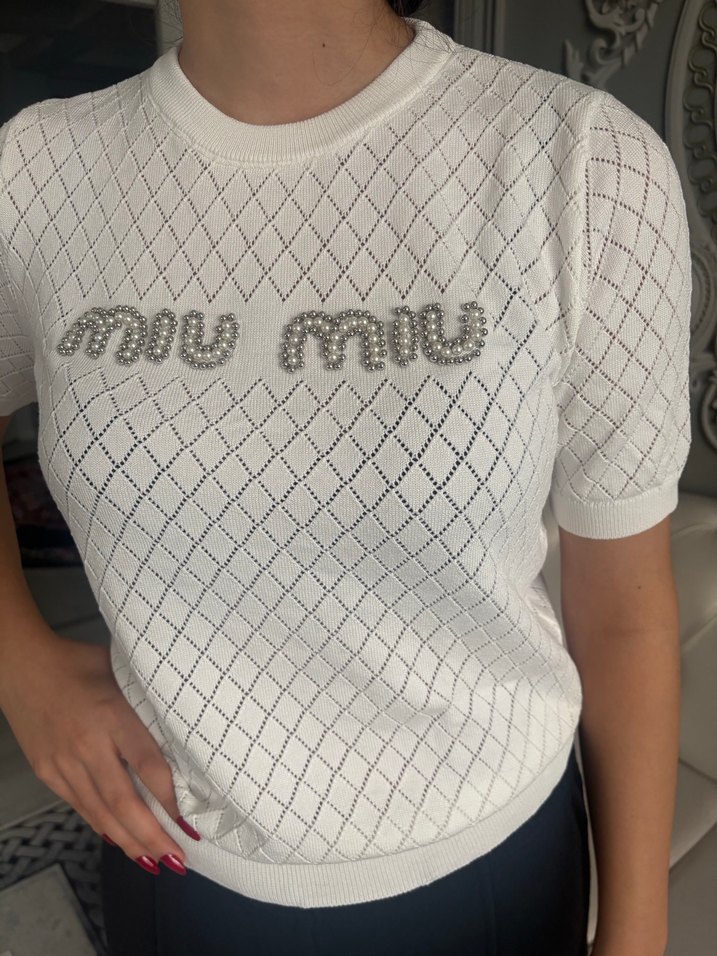 Miu Miu Beyaz Örgü Kadın Tişört - Görsel 3