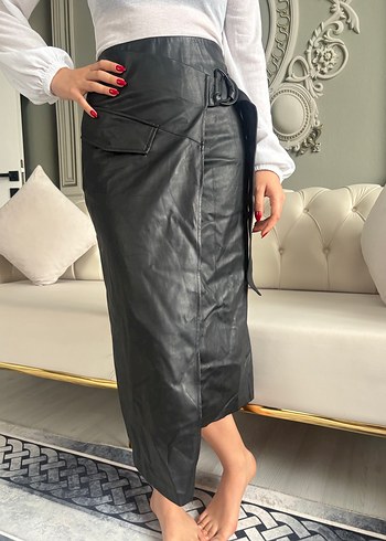 Deri Kemerli Midi Etek Siyah - Görsel 3