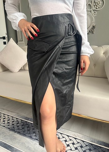Deri Kemerli Midi Etek Siyah - Görsel 2
