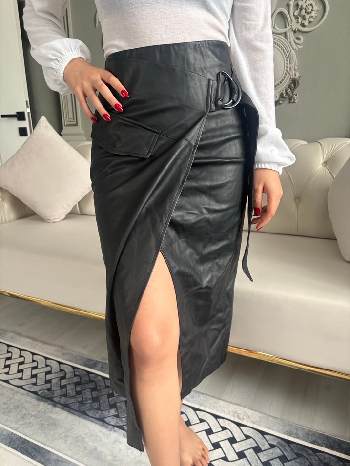 Deri Kemerli Midi Etek Siyah - Görsel 2