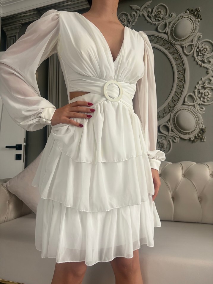 Beyaz Kat Kat Mini Elbise - Görsel 2