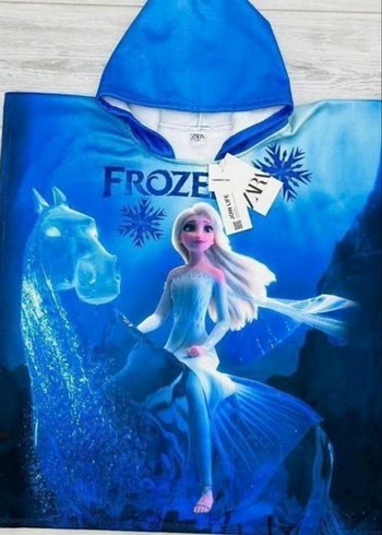 Kapüşonlu Mavi Kız Ponçosu - FROZE Baskılı - Görsel 2