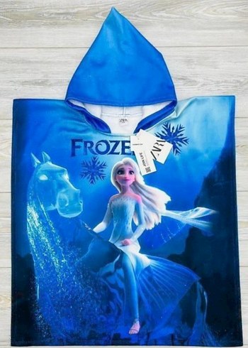 Kapüşonlu Mavi Kız Ponçosu - FROZE Baskılı - Görsel 3