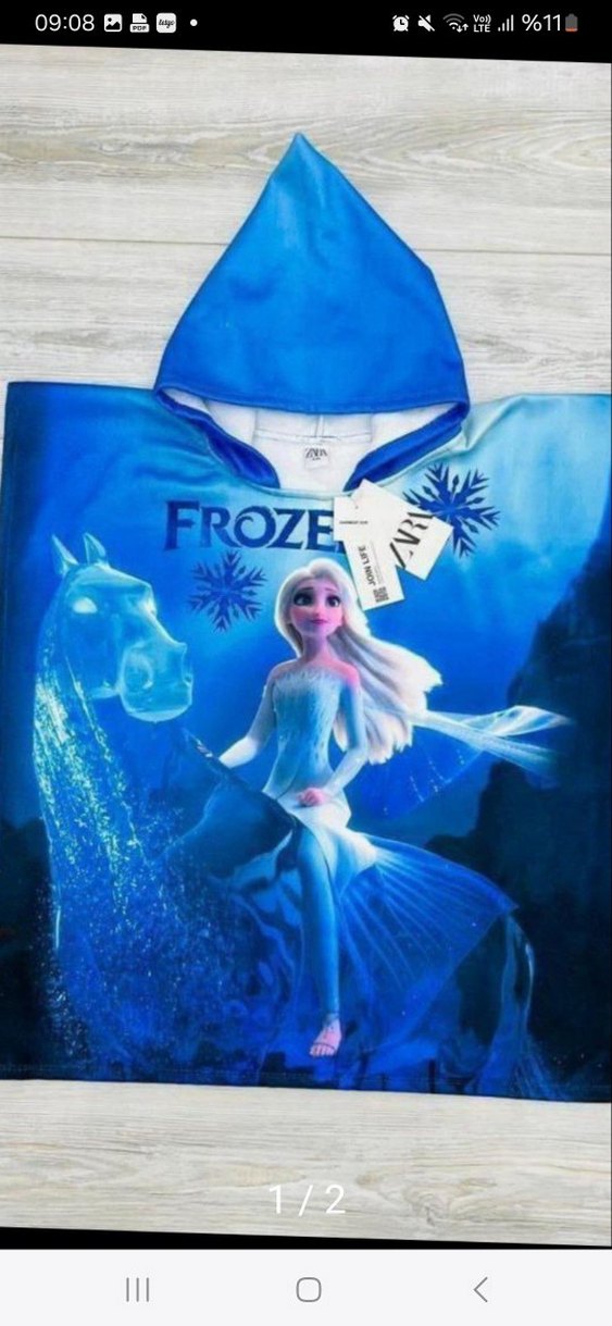 Kapüşonlu Mavi Kız Ponçosu - FROZE Baskılı - Görsel 2