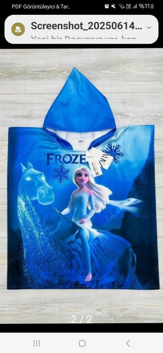 Kapüşonlu Mavi Kız Ponçosu - FROZE Baskılı - Görsel 3