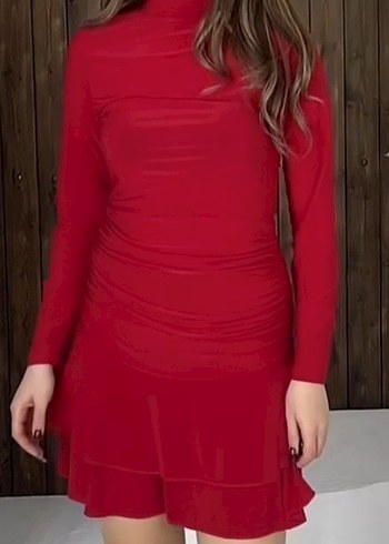 Kırmızı Uzun Kollu Midi Elbise - Görsel 2