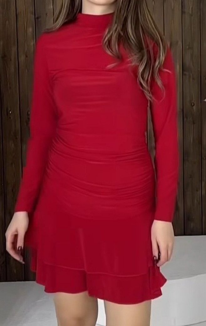 Kırmızı Uzun Kollu Midi Elbise - Görsel 2