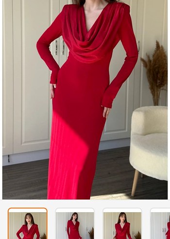 Uzun Kırmızı Drapeli Kadın Elbise - Görsel 2