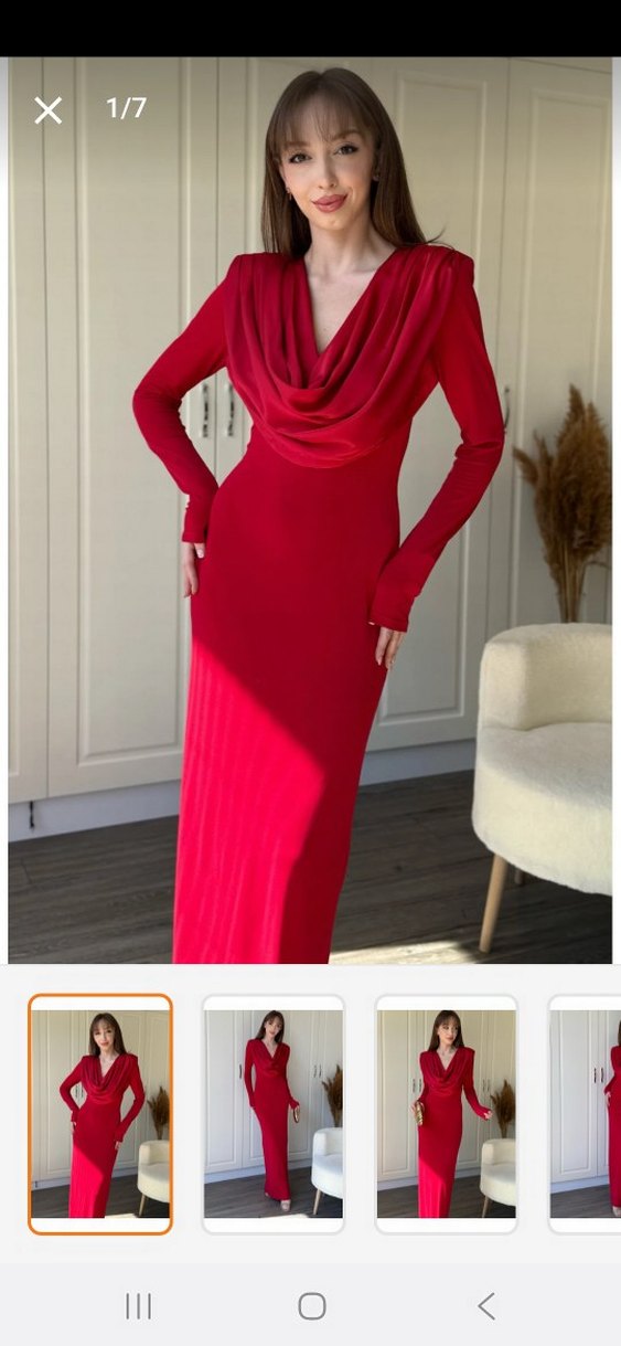 Uzun Kırmızı Drapeli Kadın Elbise - Görsel 2