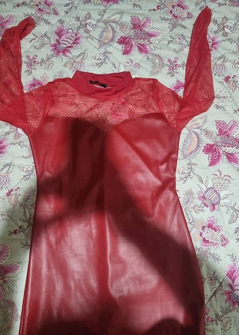 Parlak Kırmızı Deri Hamile Midi Elbise - Görsel 3