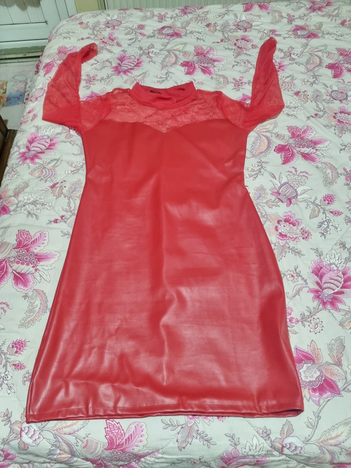 Parlak Kırmızı Deri Hamile Midi Elbise - Görsel 4