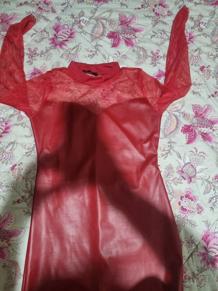 Parlak Kırmızı Deri Hamile Midi Elbise - Görsel 3