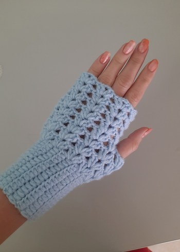 Bohem Stilde Mavi Örgü Kadın Eldiveni - Görsel 3