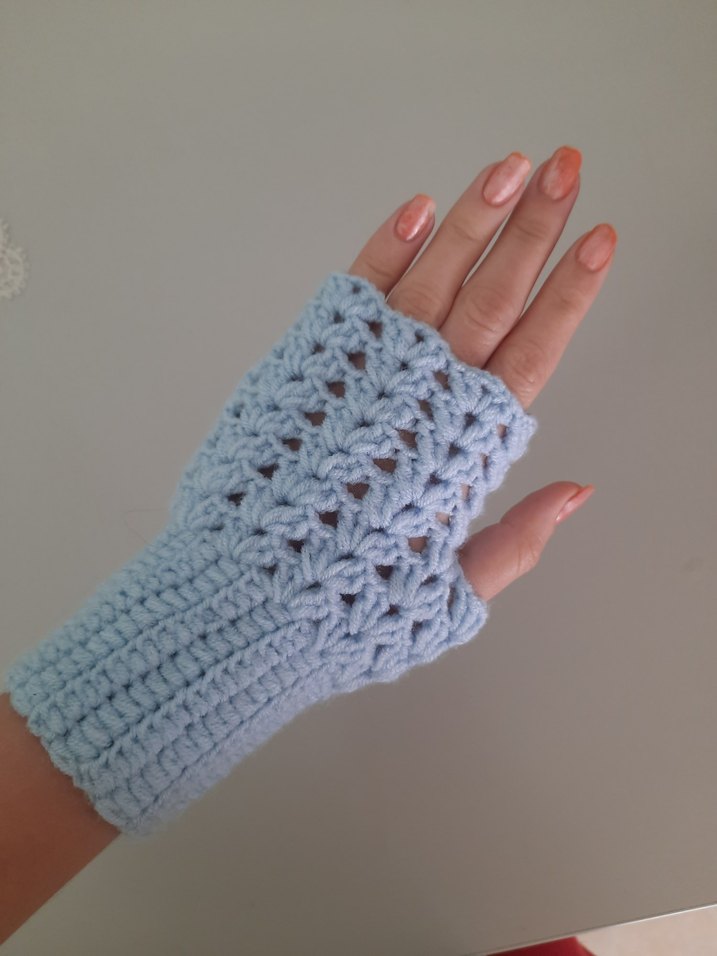 Bohem Stilde Mavi Örgü Kadın Eldiveni - Görsel 3