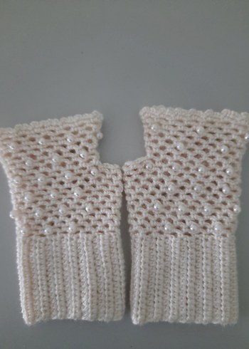 İnci Detaylı Örgü Beyaz Parmaksız Eldiven - Görsel 2