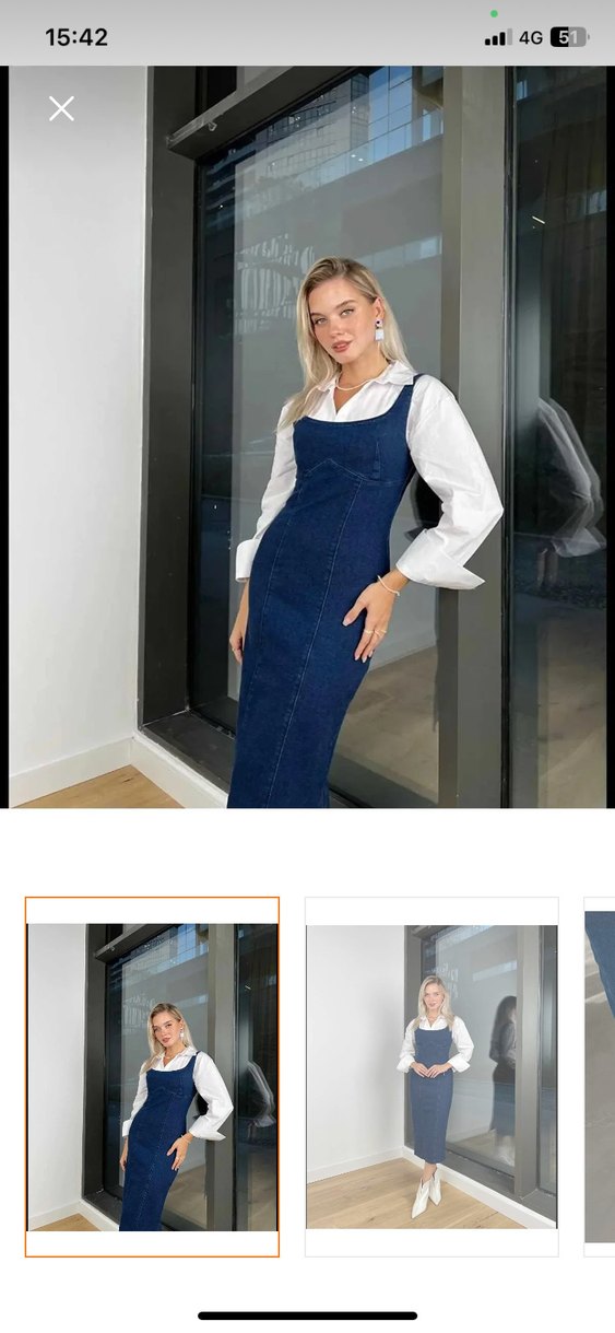 Navy Denim Uzun Askılı Elbise - Görsel 2