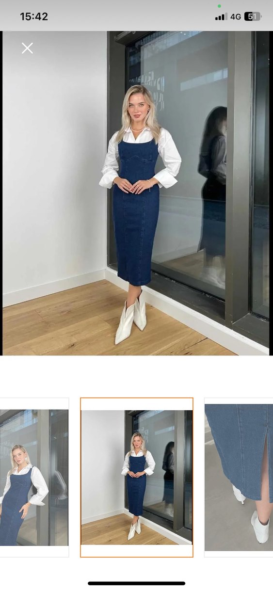 Navy Denim Uzun Askılı Elbise - Görsel 3