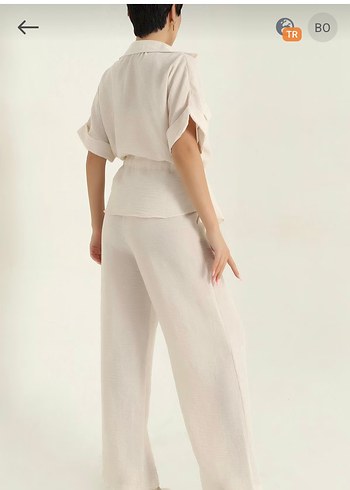 Kadın Keten Kemerli Beyaz Uzun Takım - Görsel 4