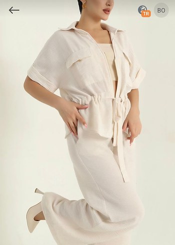 Kadın Keten Kemerli Beyaz Uzun Takım - Görsel 3