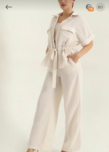 Kadın Keten Kemerli Beyaz Uzun Takım - Görsel 2