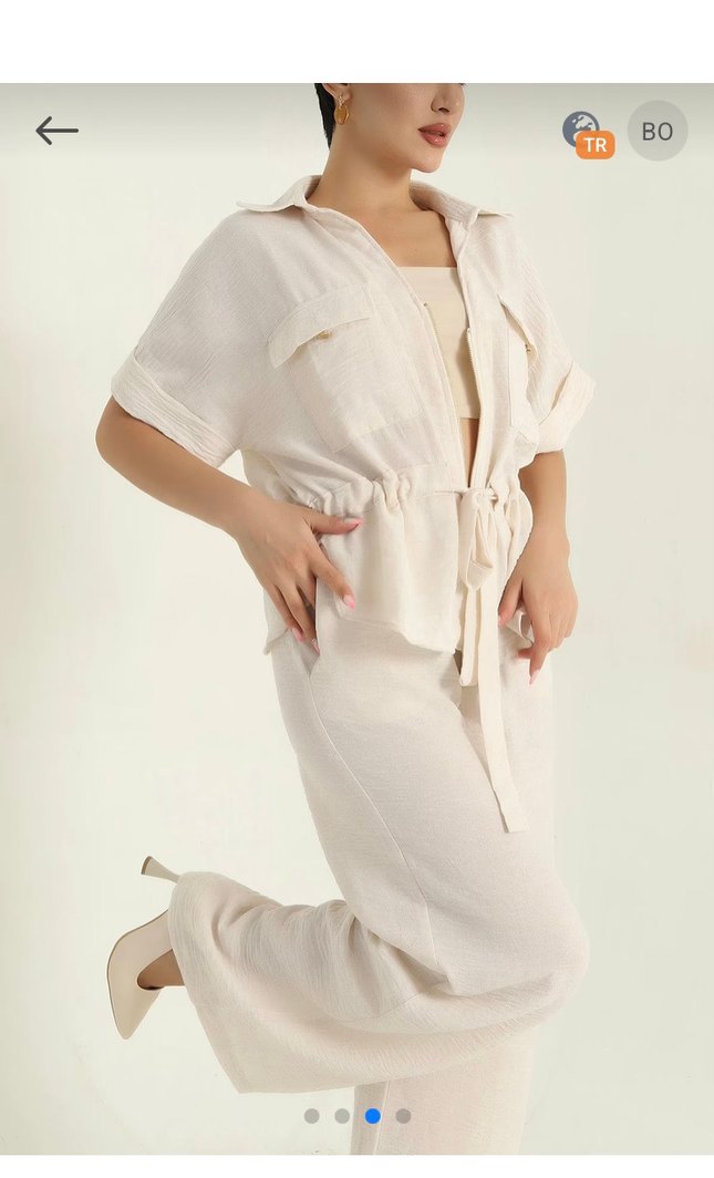 Kadın Keten Kemerli Beyaz Uzun Takım - Görsel 3
