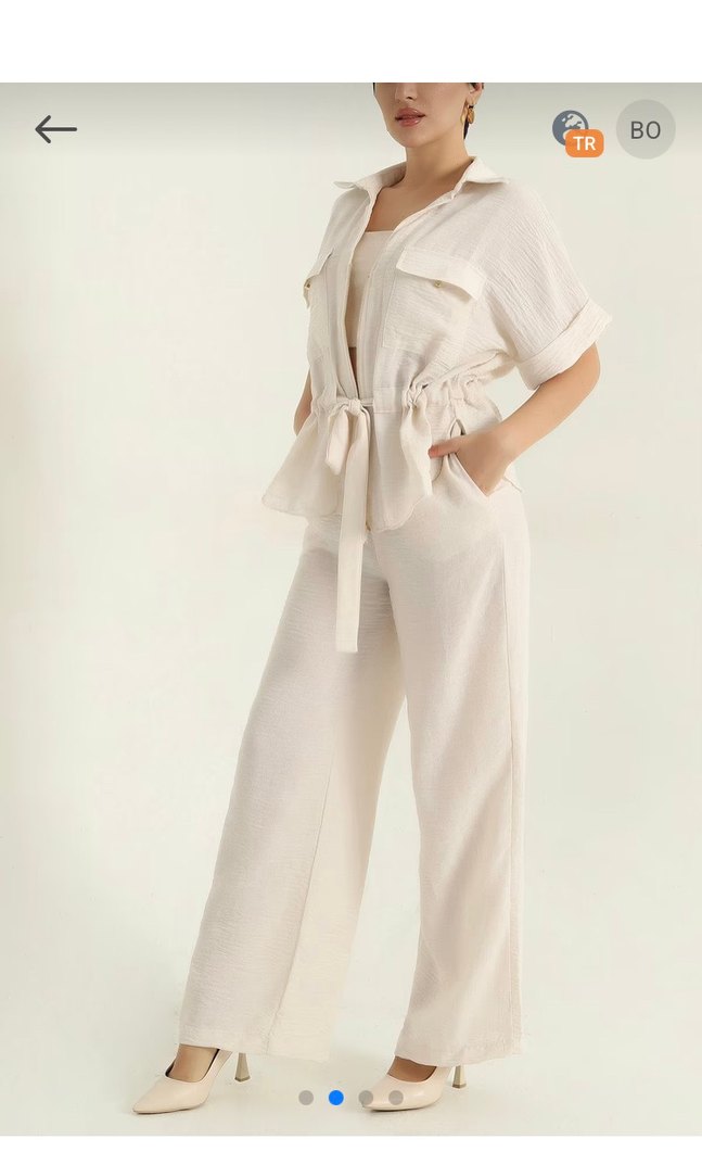 Kadın Keten Kemerli Beyaz Uzun Takım - Görsel 2