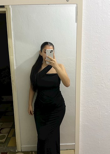 Siyah Straplez Uzun Drapeli Kadın Elbise - Görsel 2