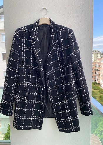 Düğmeli Siyah Ekose Kadın Blazer Ceket