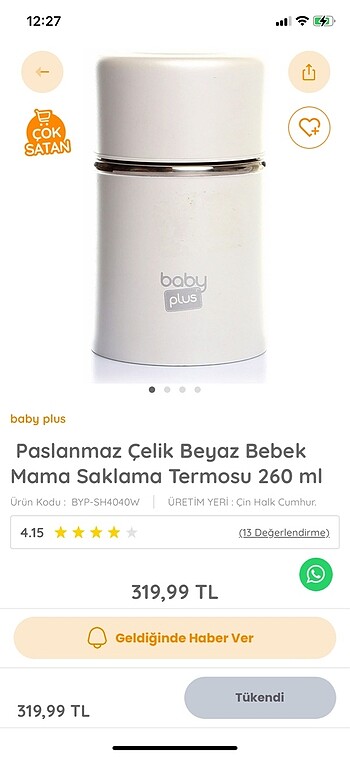  Beden beyaz Renk Bebek termosu