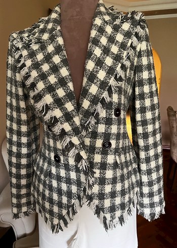 m Beden Gri Ekose Düğmeli Kadın Blazer Ceket