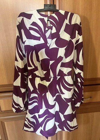 Mor Bağcıklı Uzun Kollu Mini Elbise - Görsel 3