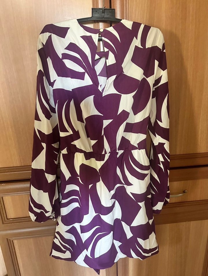 Mor Bağcıklı Uzun Kollu Mini Elbise - Görsel 3