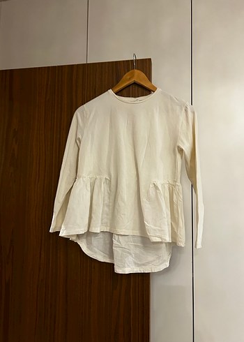 Beyaz Keten Uzun Kollu Fırfırlı Bluz - Görsel 2
