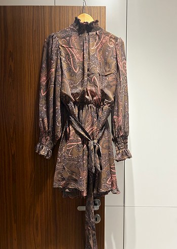 Kahverengi Bohem Mini Elbise - Görsel 2