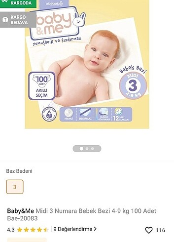 3 Beden: 4-9 kg Beden Renk Baby me bebek bezi