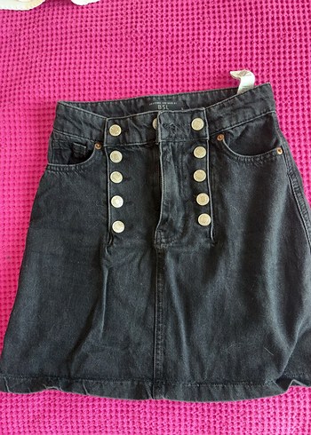Düğmeli Siyah Denim Mini Etek