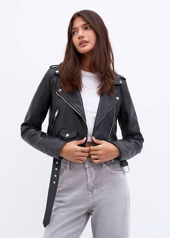 Pull and bear Siyah Kemerli Deri Biker Ceket M