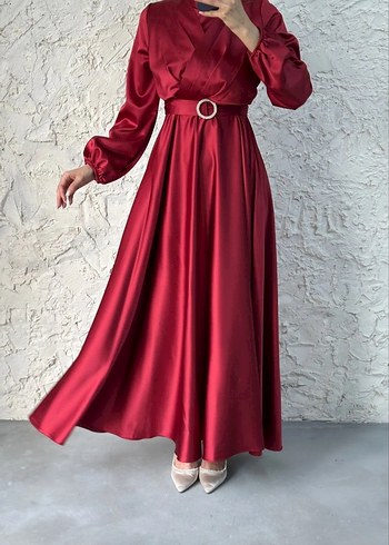 Bordo Uzun Kollu Midi Elbise - Görsel 2